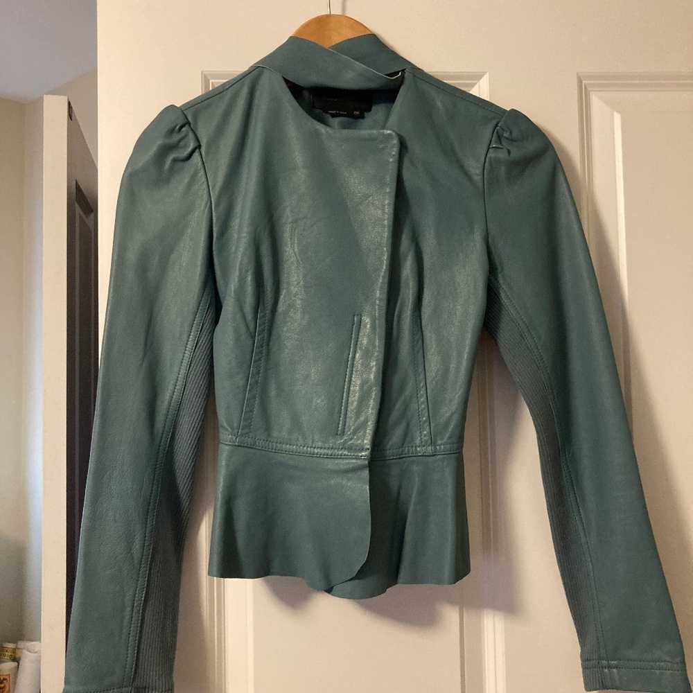 BCBG MaxAzria teal leather moto jacket & matching leather scarf EUC/NWOT
